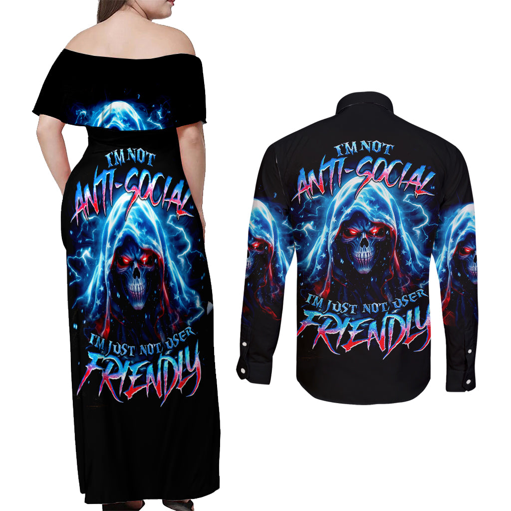 Thunder Skull Couples Matching Off Shoulder Maxi Dress and Long Sleeve Button Shirt I'm Not Anti Social I'm Just Not User Friendly - Wonder Print Shop