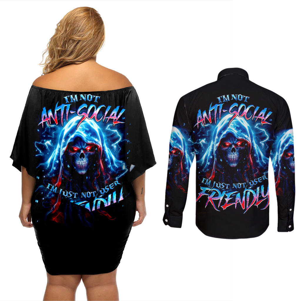Thunder Skull Couples Matching Off Shoulder Short Dress and Long Sleeve Button Shirt I'm Not Anti Social I'm Just Not User Friendly - Wonder Print Shop