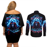Thunder Skull Couples Matching Off Shoulder Short Dress and Long Sleeve Button Shirt I'm Not Anti Social I'm Just Not User Friendly - Wonder Print Shop