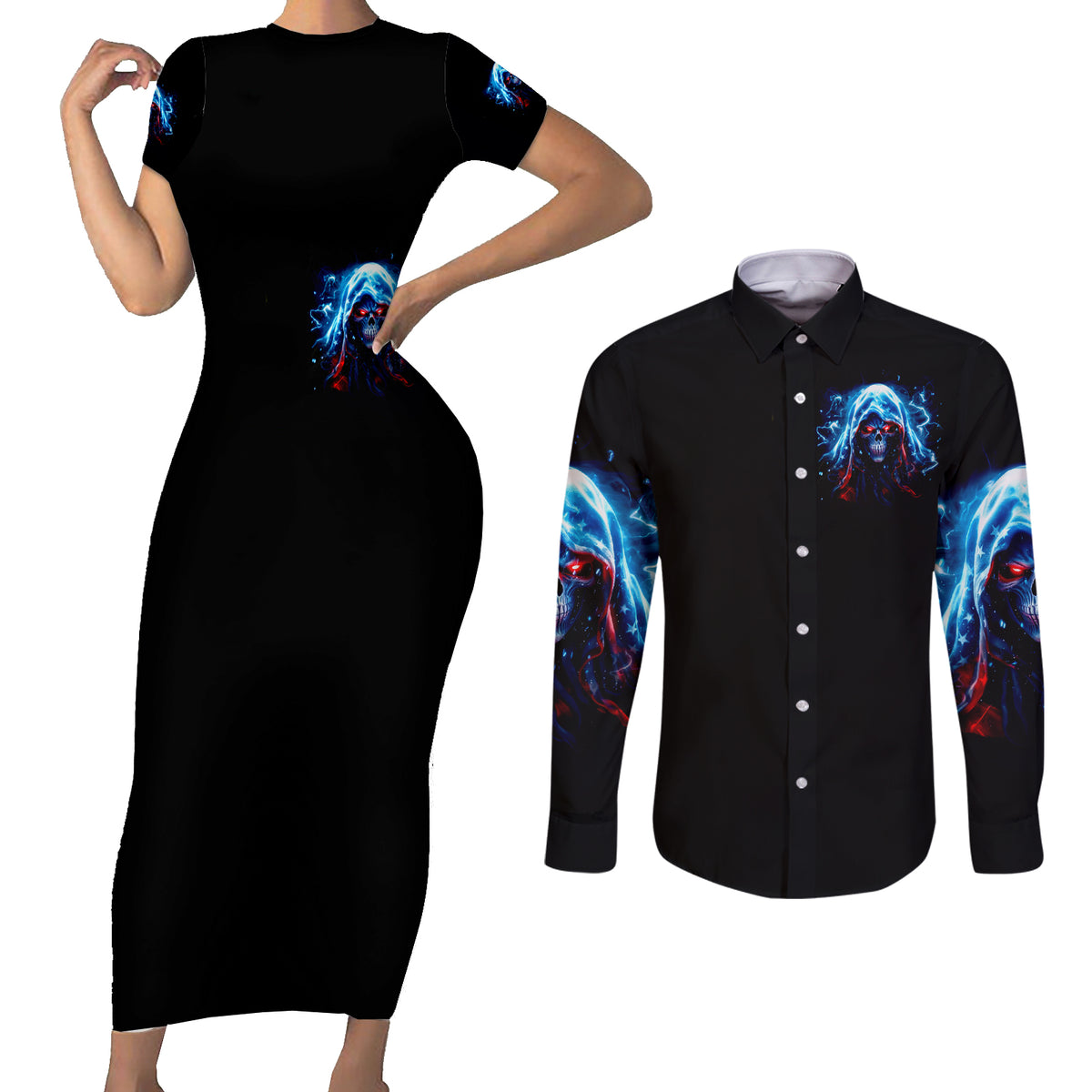 Thunder Skull Couples Matching Short Sleeve Bodycon Dress and Long Sleeve Button Shirt I'm Not Anti Social I'm Just Not User Friendly - Wonder Print Shop