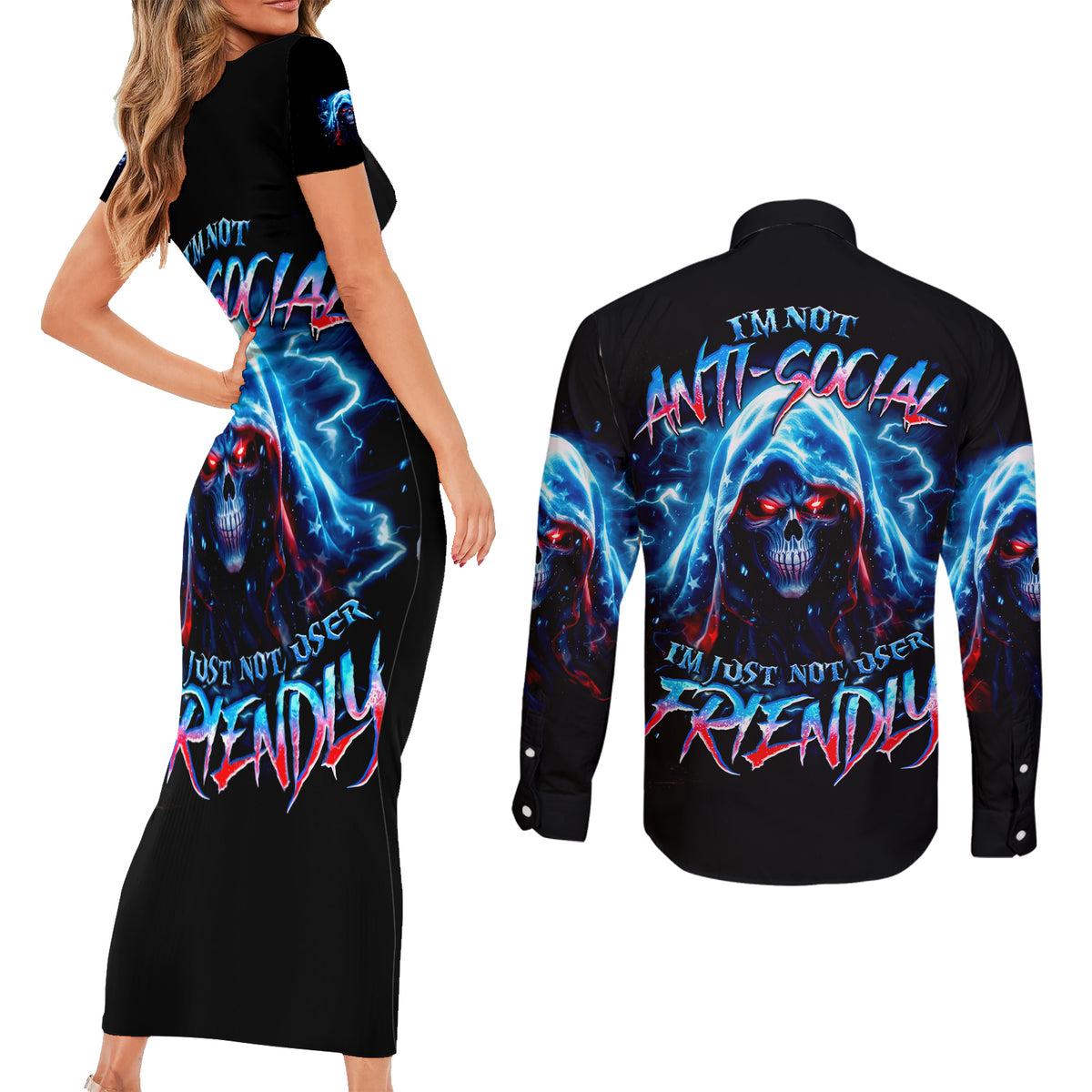 Thunder Skull Couples Matching Short Sleeve Bodycon Dress and Long Sleeve Button Shirt I'm Not Anti Social I'm Just Not User Friendly - Wonder Print Shop