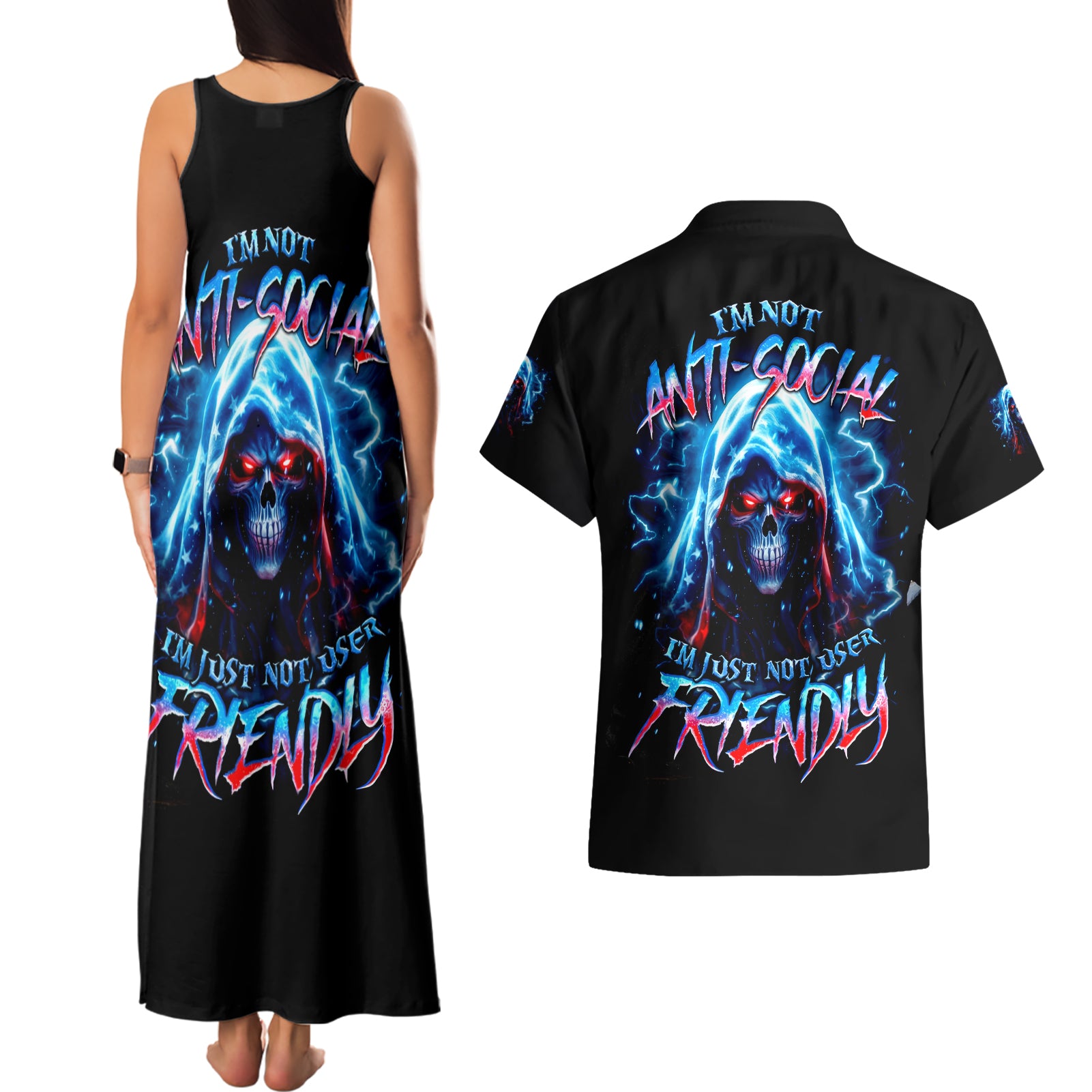 Thunder Skull Couples Matching Tank Maxi Dress and Hawaiian Shirt I'm Not Anti Social I'm Just Not User Friendly - Wonder Print Shop