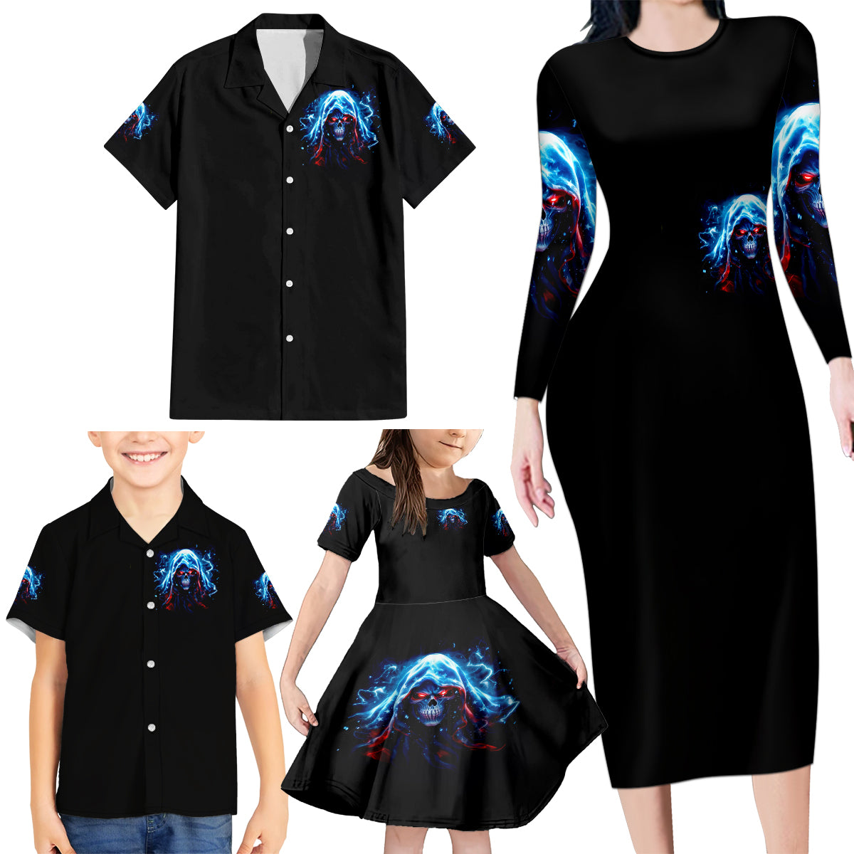 Thunder Skull Family Matching Long Sleeve Bodycon Dress and Hawaiian Shirt I'm Not Anti Social I'm Just Not User Friendly - Wonder Print Shop
