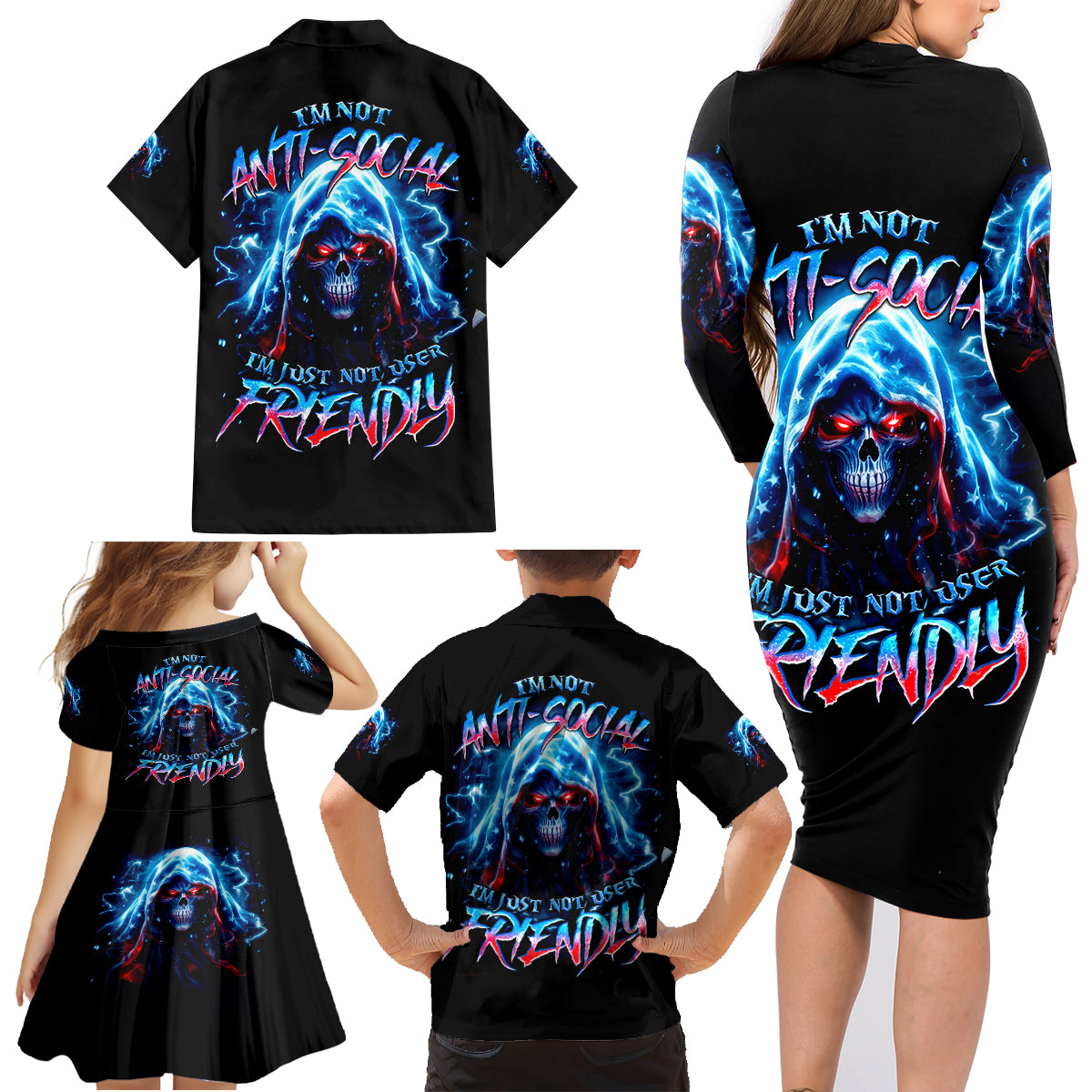 Thunder Skull Family Matching Long Sleeve Bodycon Dress and Hawaiian Shirt I'm Not Anti Social I'm Just Not User Friendly - Wonder Print Shop