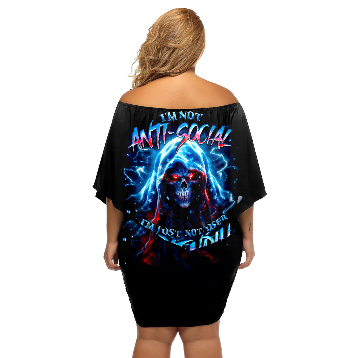 Thunder Skull Off Shoulder Short Dress I'm Not Anti Social I'm Just Not User Friendly - Wonder Print Shop