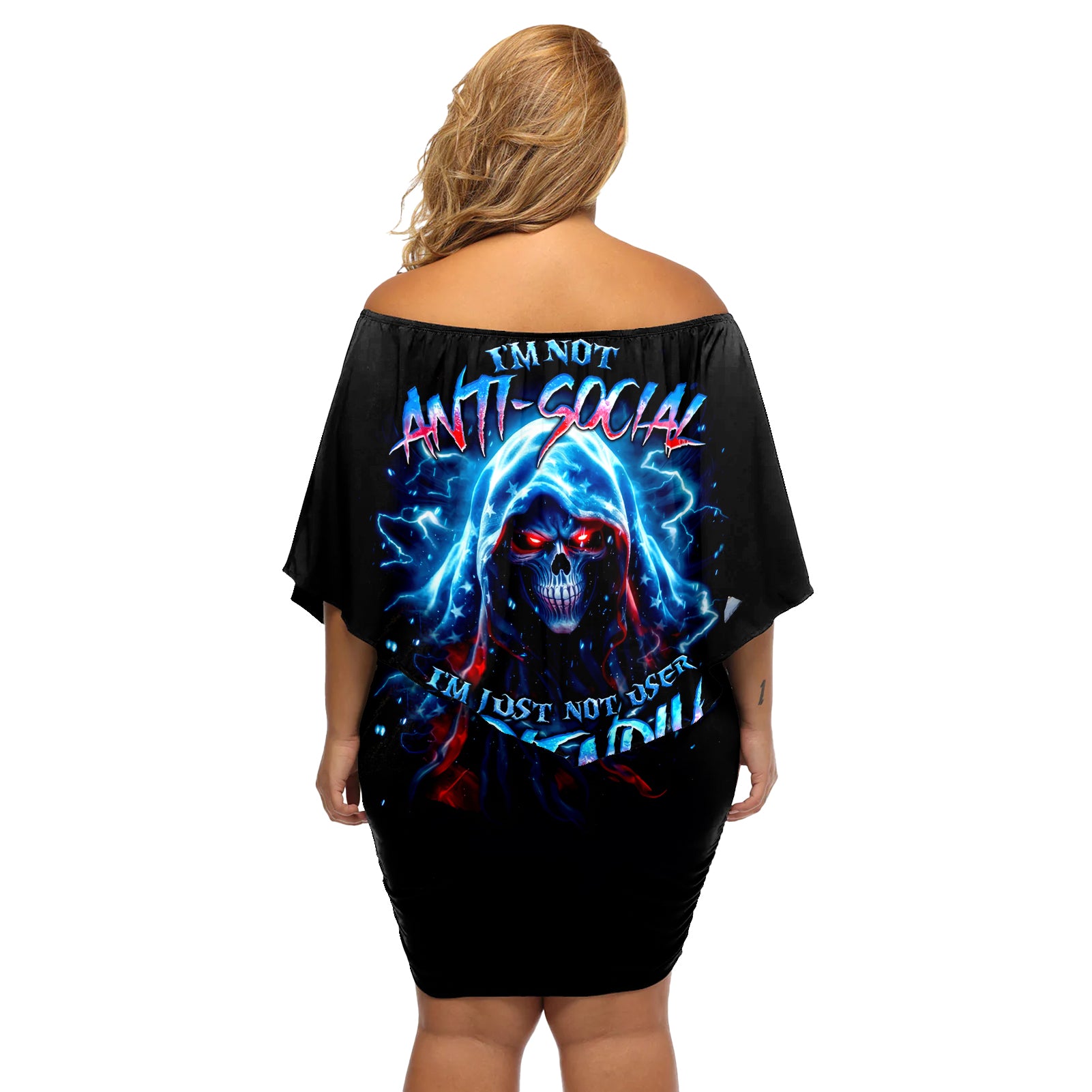 Thunder Skull Off Shoulder Short Dress I'm Not Anti Social I'm Just Not User Friendly - Wonder Print Shop