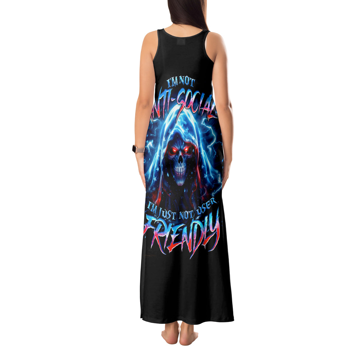 Thunder Skull Tank Maxi Dress I'm Not Anti Social I'm Just Not User Friendly - Wonder Print Shop