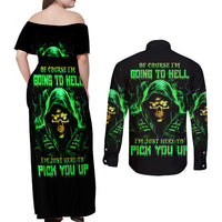 Flame Skull Couples Matching Off Shoulder Maxi Dress and Long Sleeve Button Shirt Of Course I'm Going To Hell I'm Just Here To Pick You Up - Wonder Print Shop