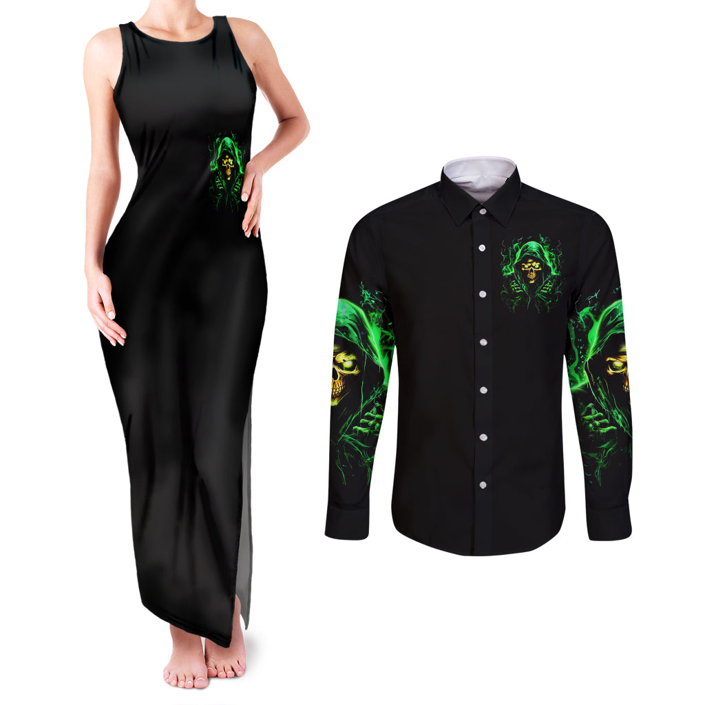 Flame Skull Couples Matching Tank Maxi Dress and Long Sleeve Button Shirt Of Course I'm Going To Hell I'm Just Here To Pick You Up - Wonder Print Shop