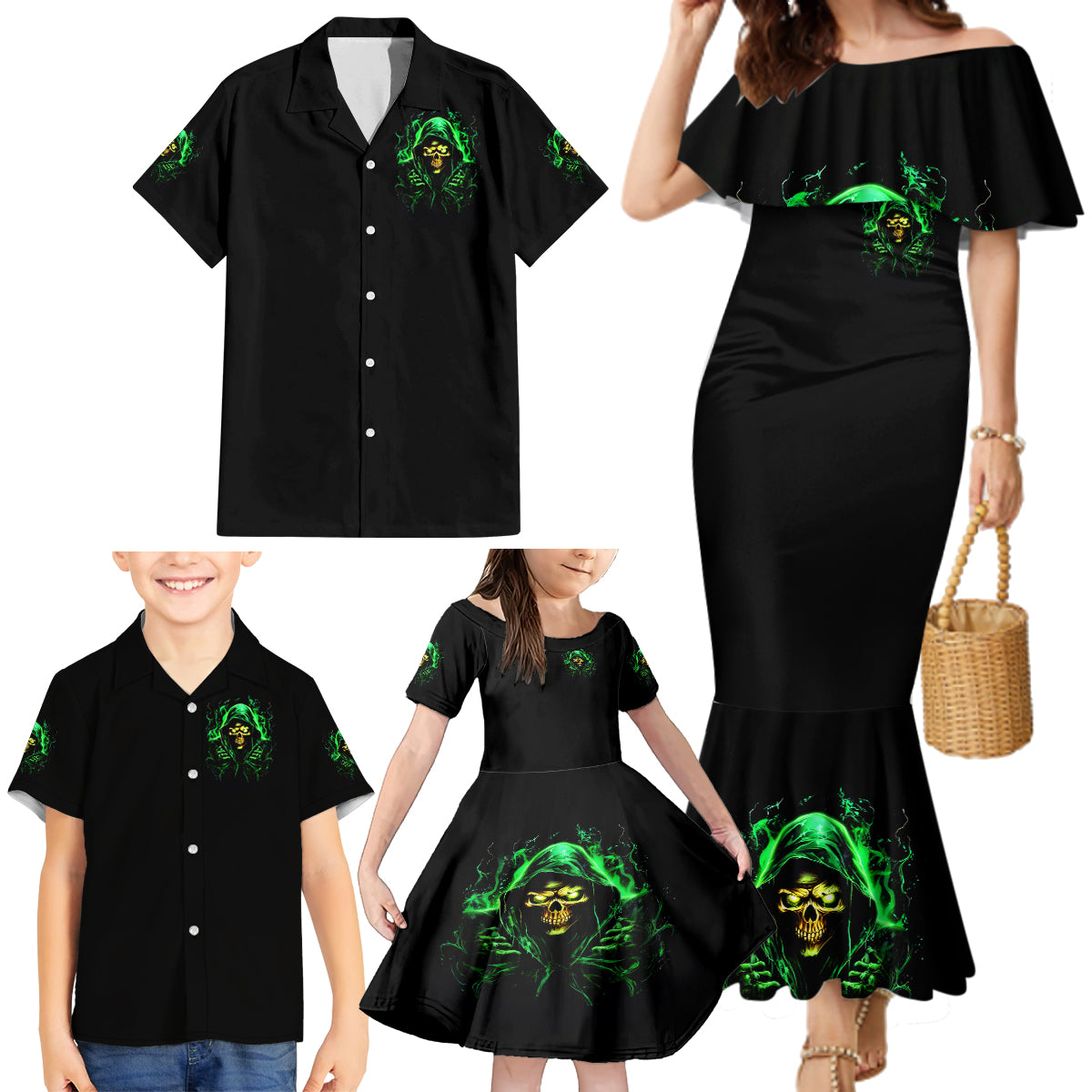 Flame Skull Family Matching Mermaid Dress and Hawaiian Shirt Of Course I'm Going To Hell I'm Just Here To Pick You Up - Wonder Print Shop