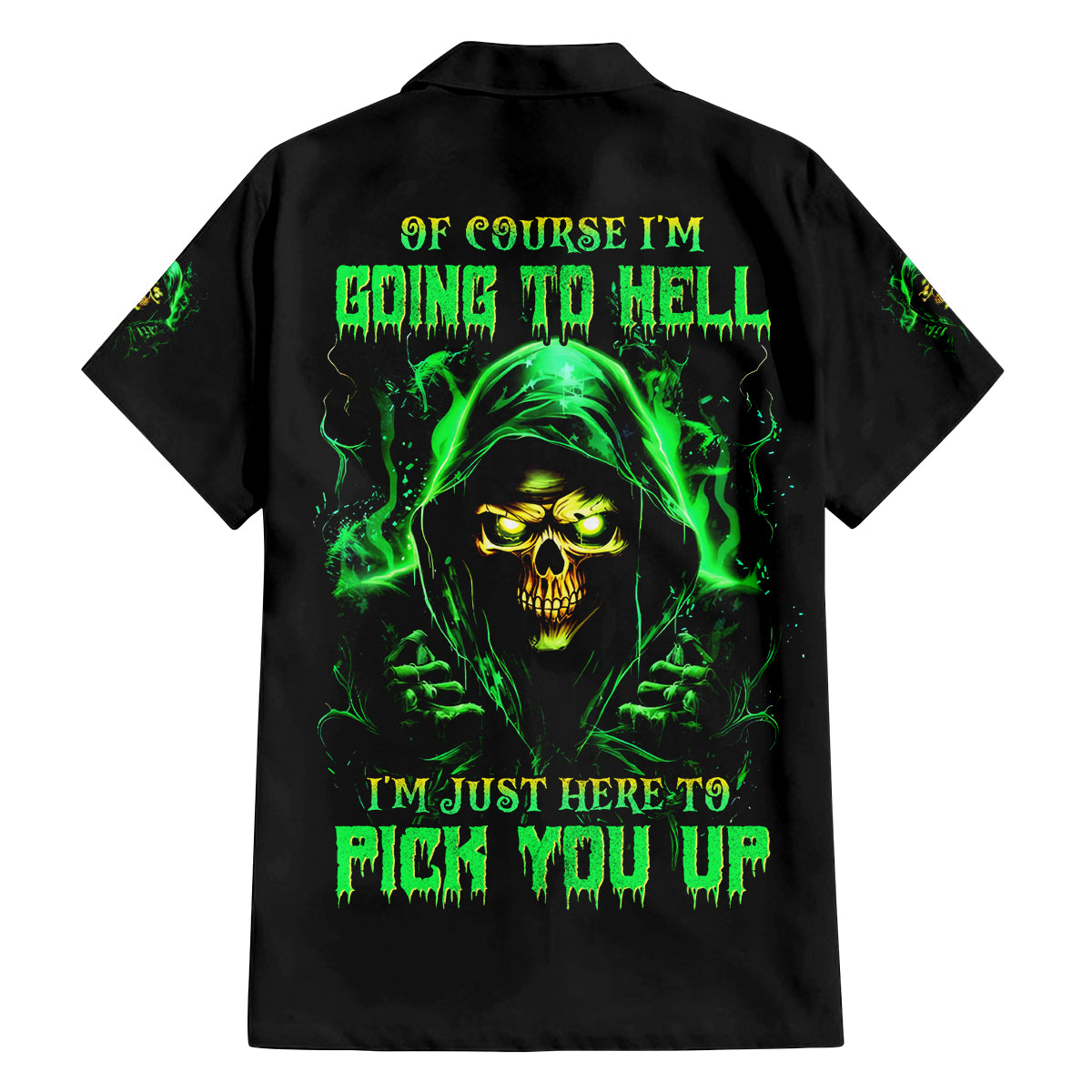 Flame Skull Family Matching Off Shoulder Long Sleeve Dress and Hawaiian Shirt Of Course I'm Going To Hell I'm Just Here To Pick You Up - Wonder Print Shop