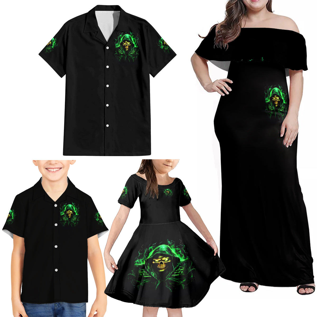 Flame Skull Family Matching Off Shoulder Maxi Dress and Hawaiian Shirt Of Course I'm Going To Hell I'm Just Here To Pick You Up - Wonder Print Shop