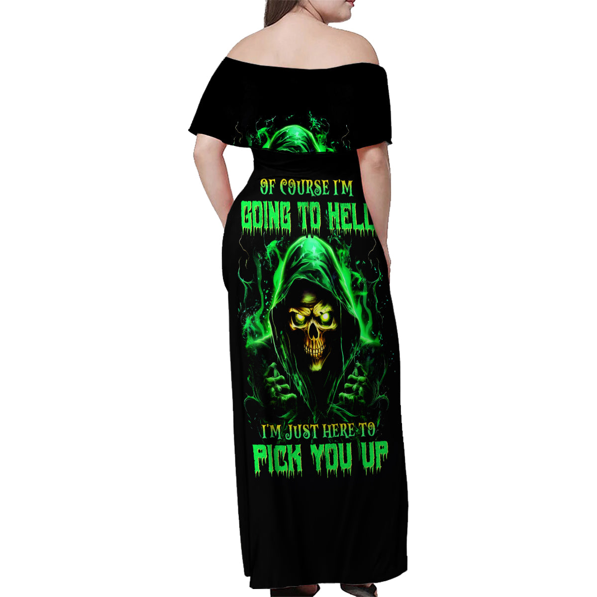 Flame Skull Family Matching Off Shoulder Maxi Dress and Hawaiian Shirt Of Course I'm Going To Hell I'm Just Here To Pick You Up - Wonder Print Shop