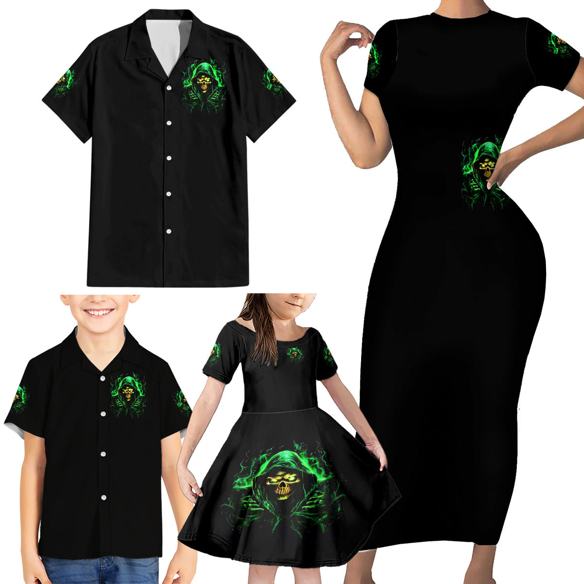Flame Skull Family Matching Short Sleeve Bodycon Dress and Hawaiian Shirt Of Course I'm Going To Hell I'm Just Here To Pick You Up - Wonder Print Shop