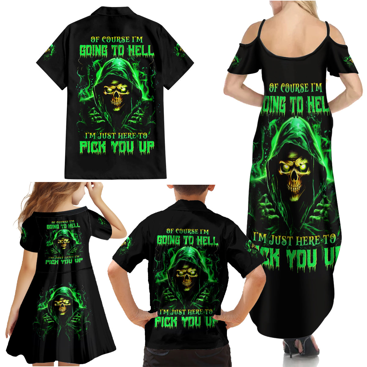 Flame Skull Family Matching Summer Maxi Dress and Hawaiian Shirt Of Course I'm Going To Hell I'm Just Here To Pick You Up - Wonder Print Shop