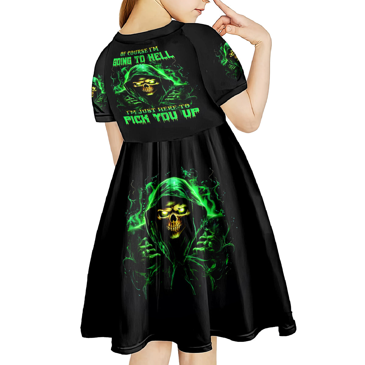 Flame Skull Kid Short Sleeve Dress Of Course I'm Going To Hell I'm Just Here To Pick You Up - Wonder Print Shop