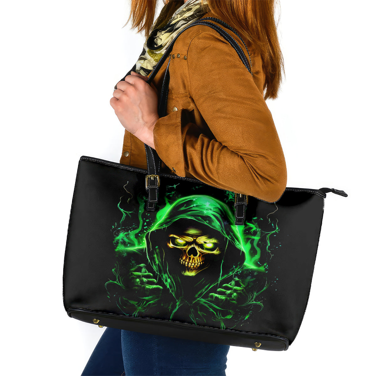 Flame Skull Leather Tote Bag Of Course I'm Going To Hell I'm Just Here To Pick You Up - Wonder Print Shop