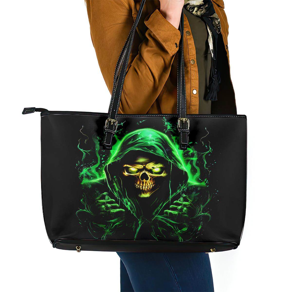 Flame Skull Leather Tote Bag Of Course I'm Going To Hell I'm Just Here To Pick You Up - Wonder Print Shop