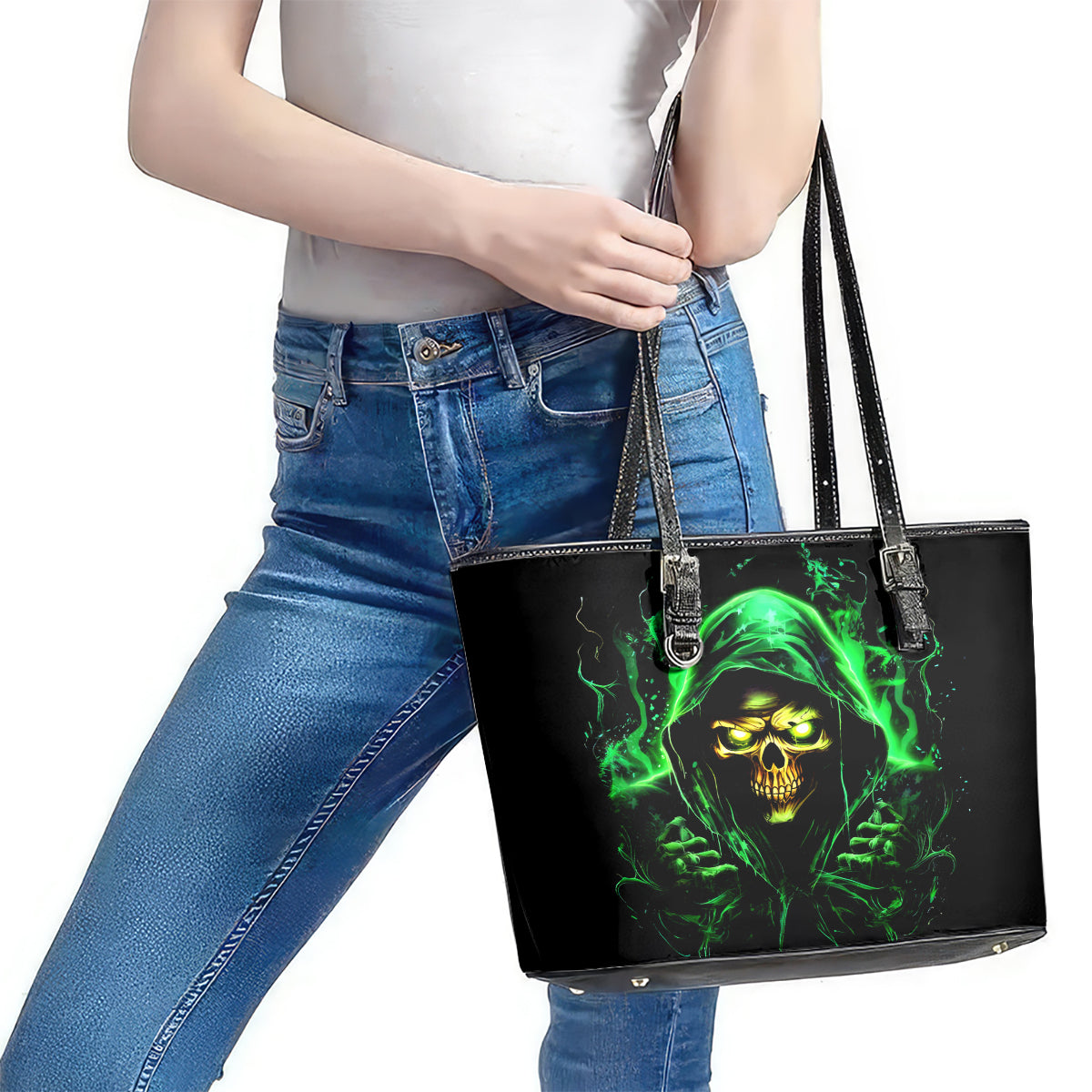 Flame Skull Leather Tote Bag Of Course I'm Going To Hell I'm Just Here To Pick You Up - Wonder Print Shop