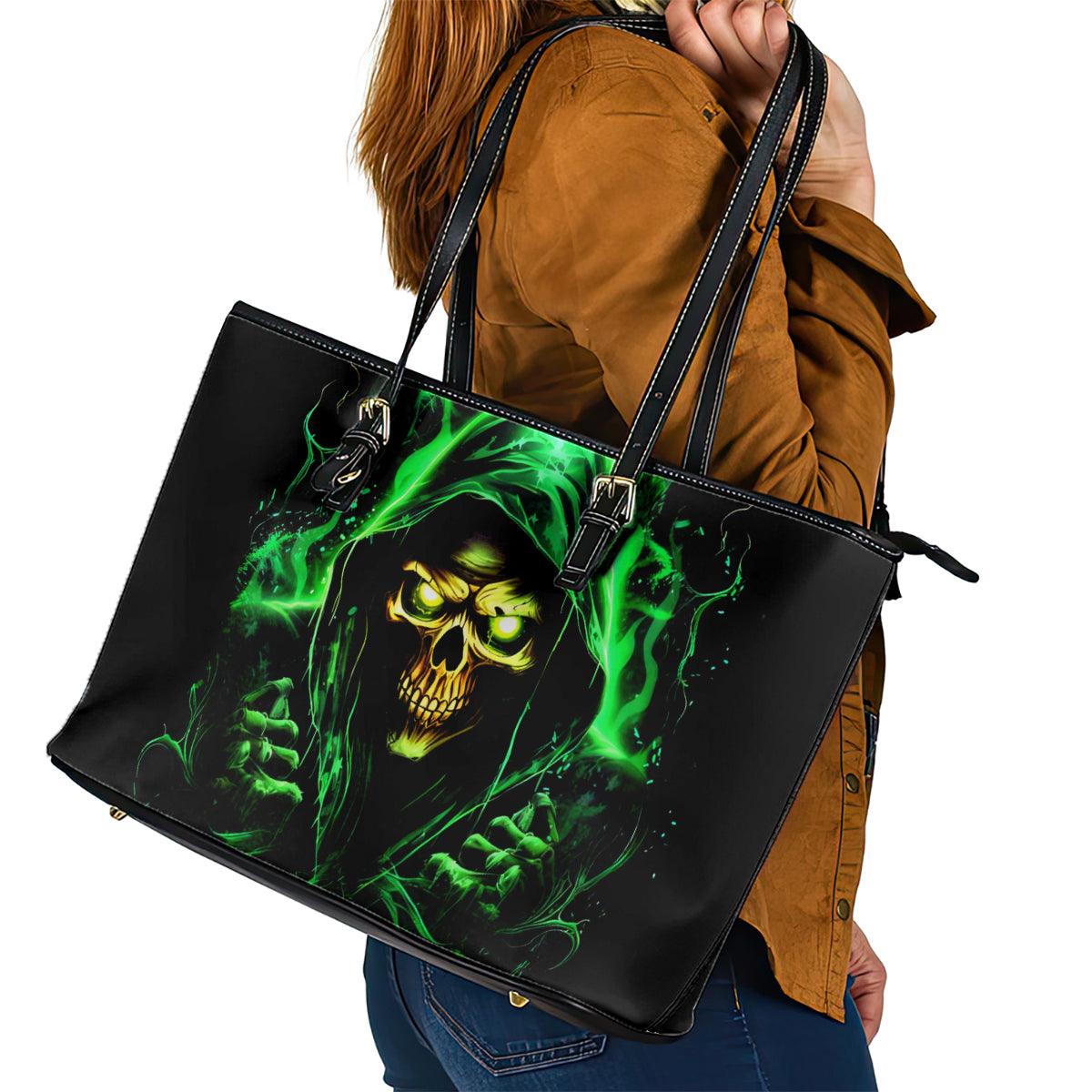 Flame Skull Leather Tote Bag Of Course I'm Going To Hell I'm Just Here To Pick You Up - Wonder Print Shop