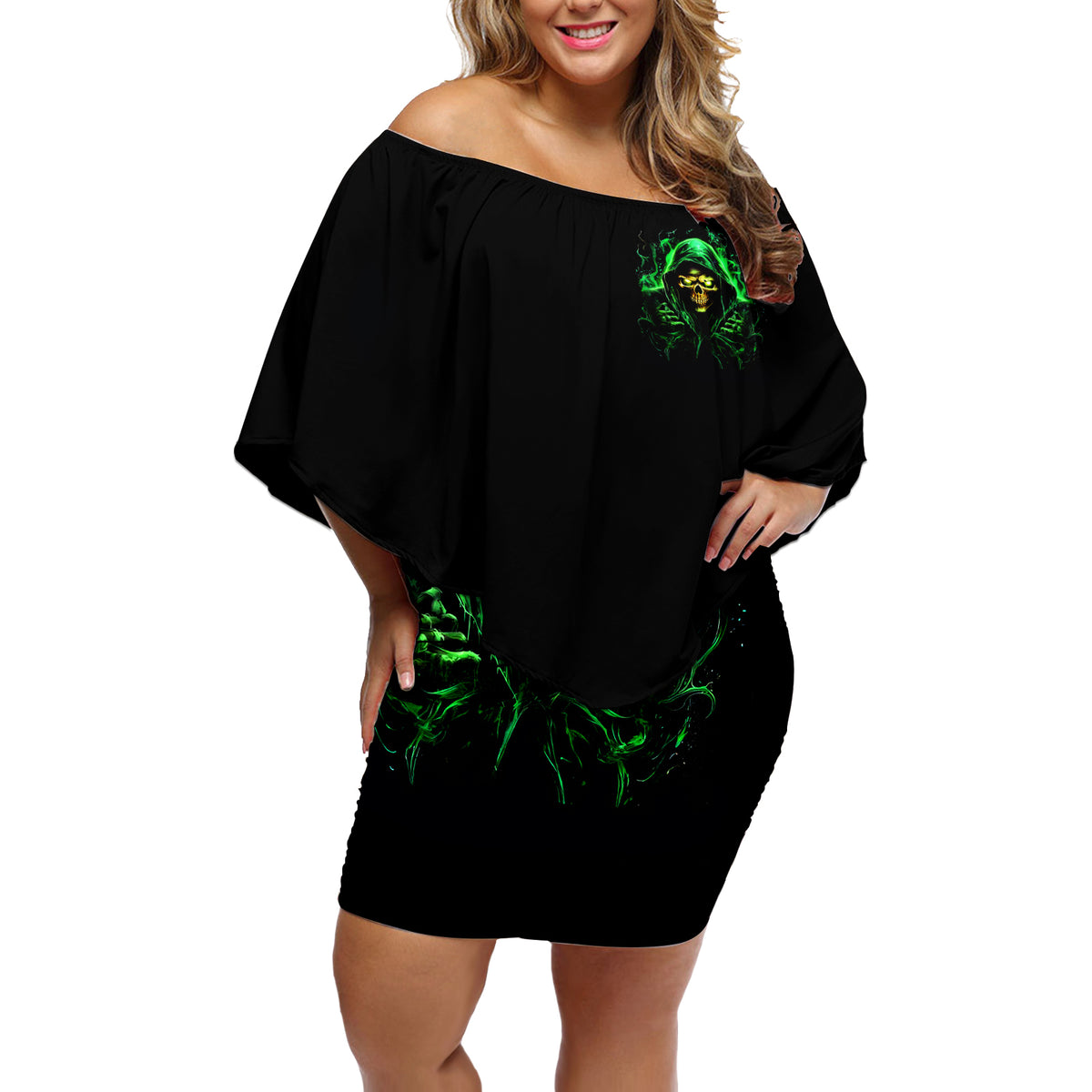 Flame Skull Off Shoulder Short Dress Of Course I'm Going To Hell I'm Just Here To Pick You Up - Wonder Print Shop