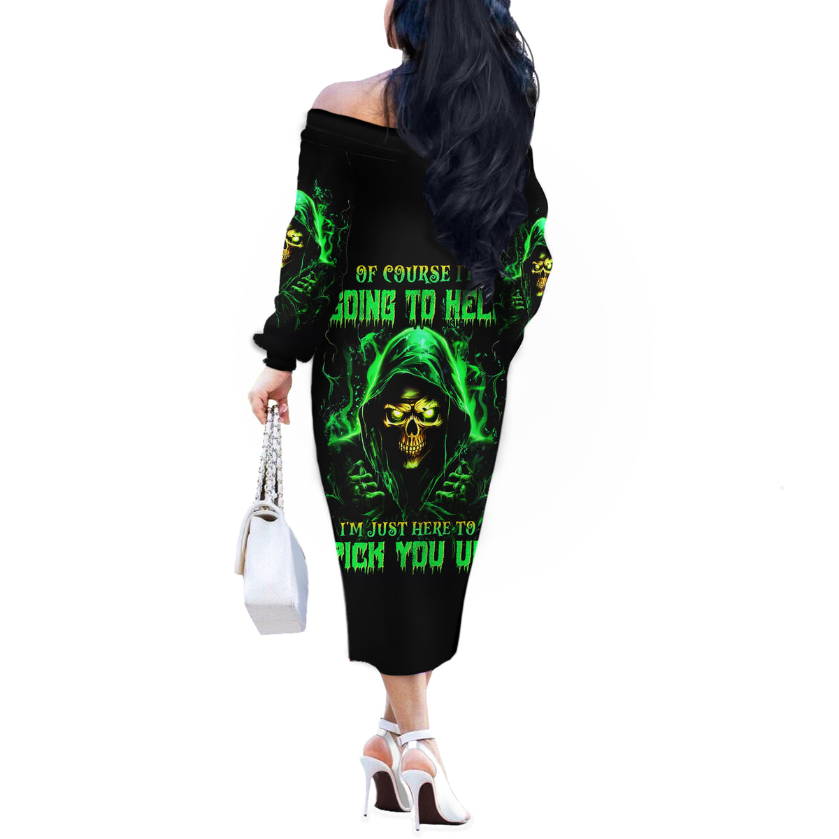 Flame Skull Off The Shoulder Long Sleeve Dress Of Course I'm Going To Hell I'm Just Here To Pick You Up - Wonder Print Shop