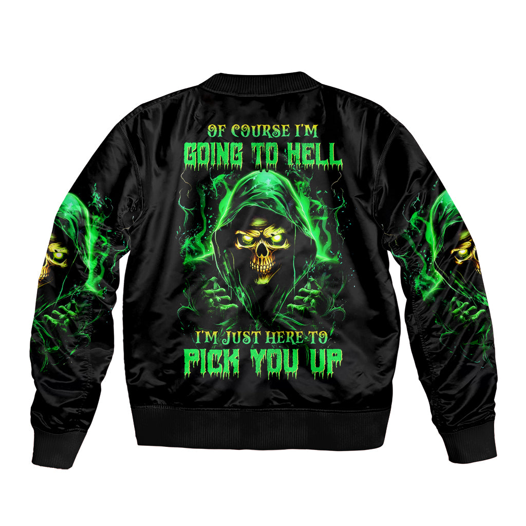 Flame Skull Sleeve Zip Bomber Jacket Of Course I'm Going To Hell I'm Just Here To Pick You Up - Wonder Print Shop