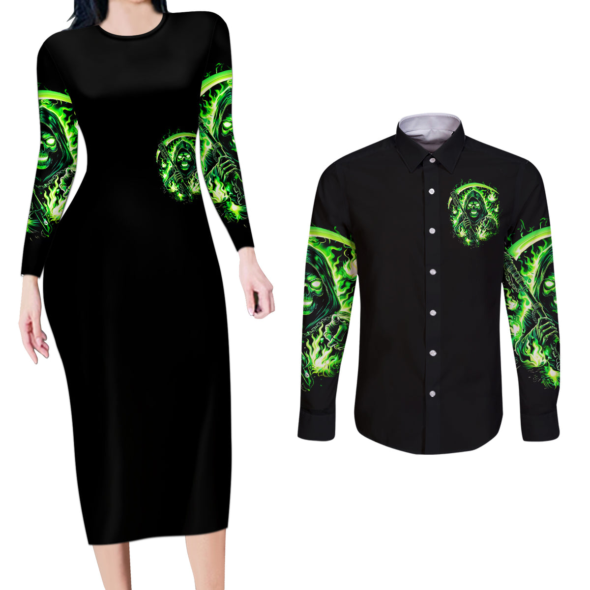 Flame Reaper Skull Couples Matching Long Sleeve Bodycon Dress and Long Sleeve Button Shirt Stop Asking Why I'm An Asshole I Don't Ask Why You So Stupid - Wonder Print Shop