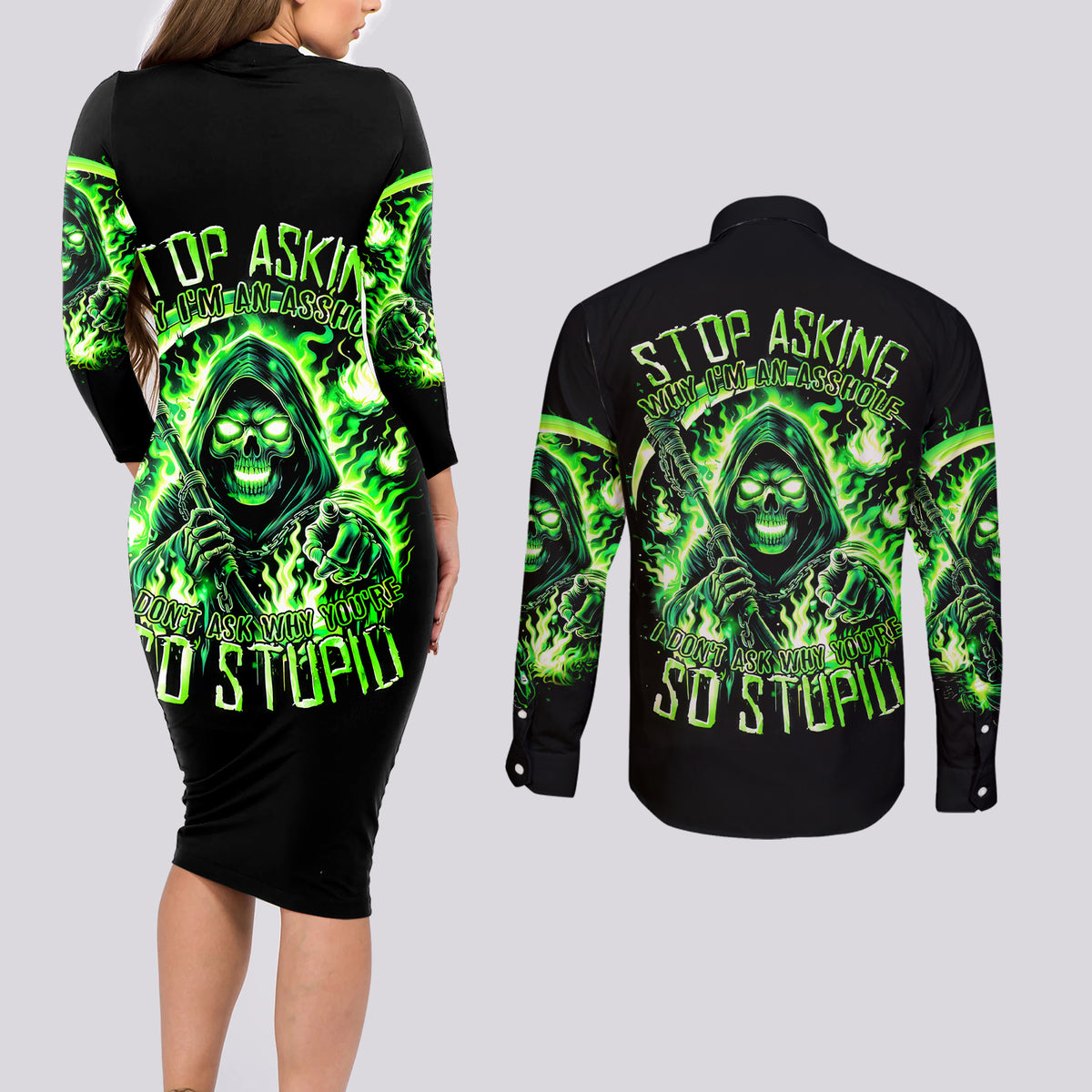 Flame Reaper Skull Couples Matching Long Sleeve Bodycon Dress and Long Sleeve Button Shirt Stop Asking Why I'm An Asshole I Don't Ask Why You So Stupid - Wonder Print Shop