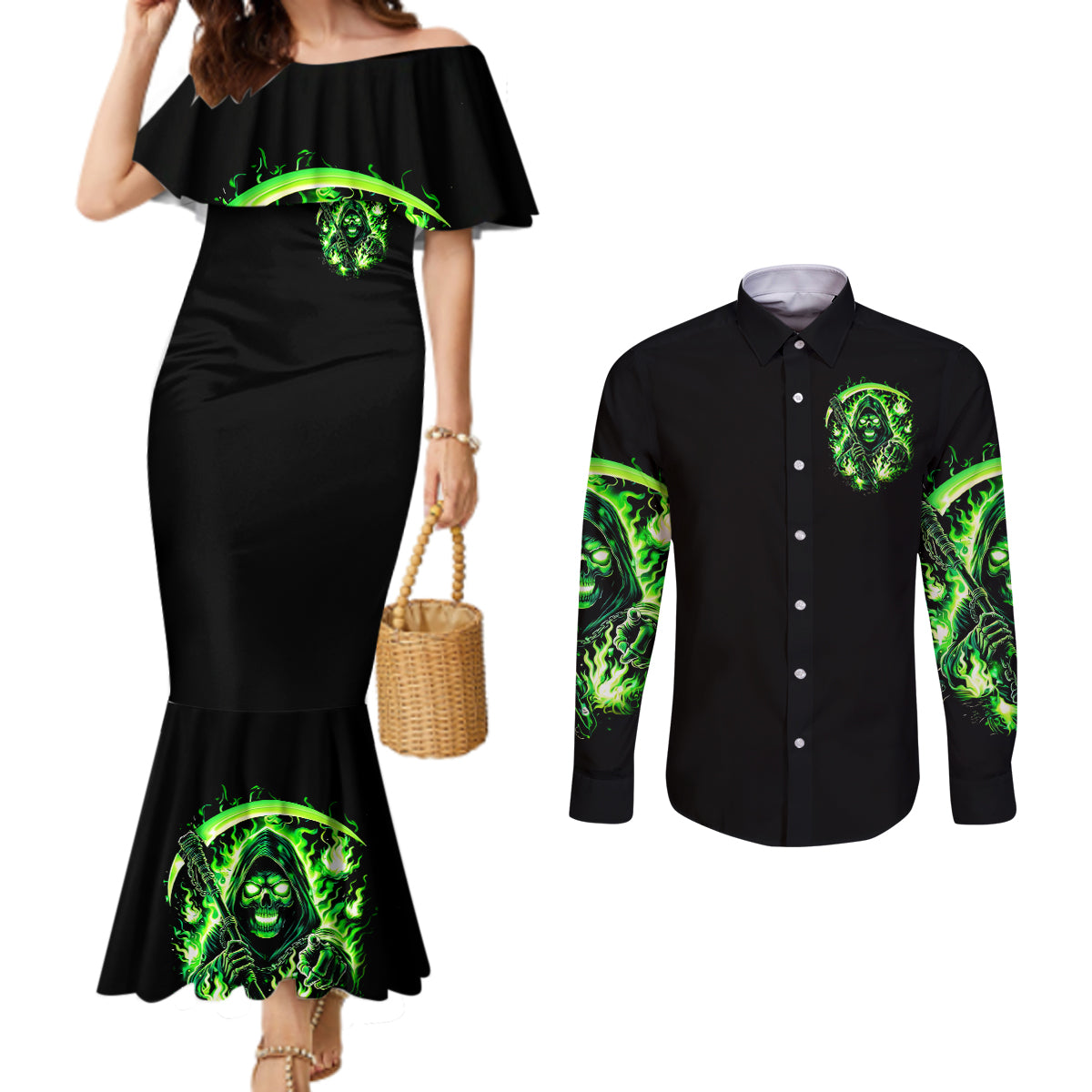 Flame Reaper Skull Couples Matching Mermaid Dress and Long Sleeve Button Shirt Stop Asking Why I'm An Asshole I Don't Ask Why You So Stupid
