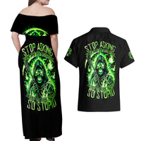 Flame Reaper Skull Couples Matching Off Shoulder Maxi Dress and Hawaiian Shirt Stop Asking Why I'm An Asshole I Don't Ask Why You So Stupid - Wonder Print Shop