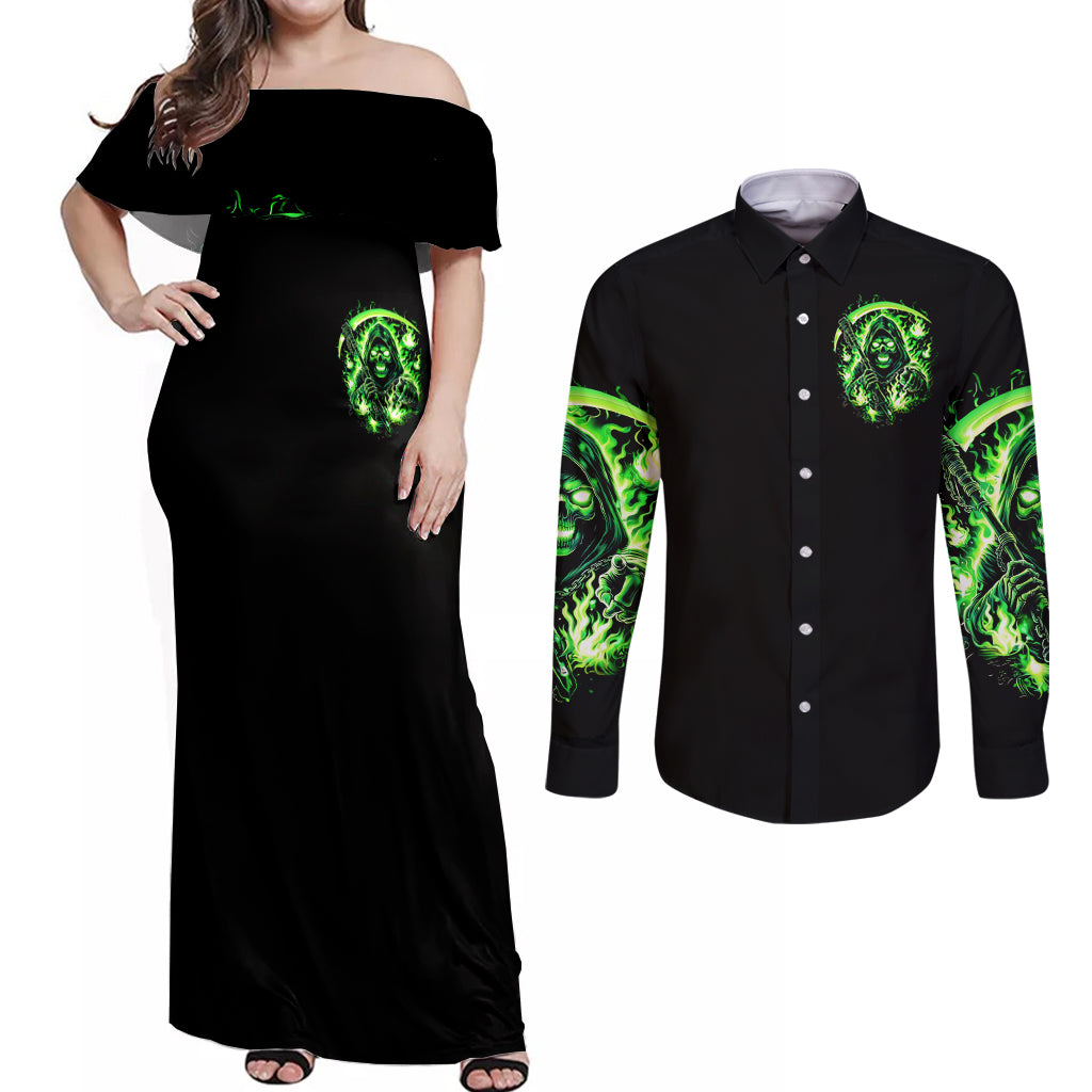 Flame Reaper Skull Couples Matching Off Shoulder Maxi Dress and Long Sleeve Button Shirt Stop Asking Why I'm An Asshole I Don't Ask Why You So Stupid - Wonder Print Shop