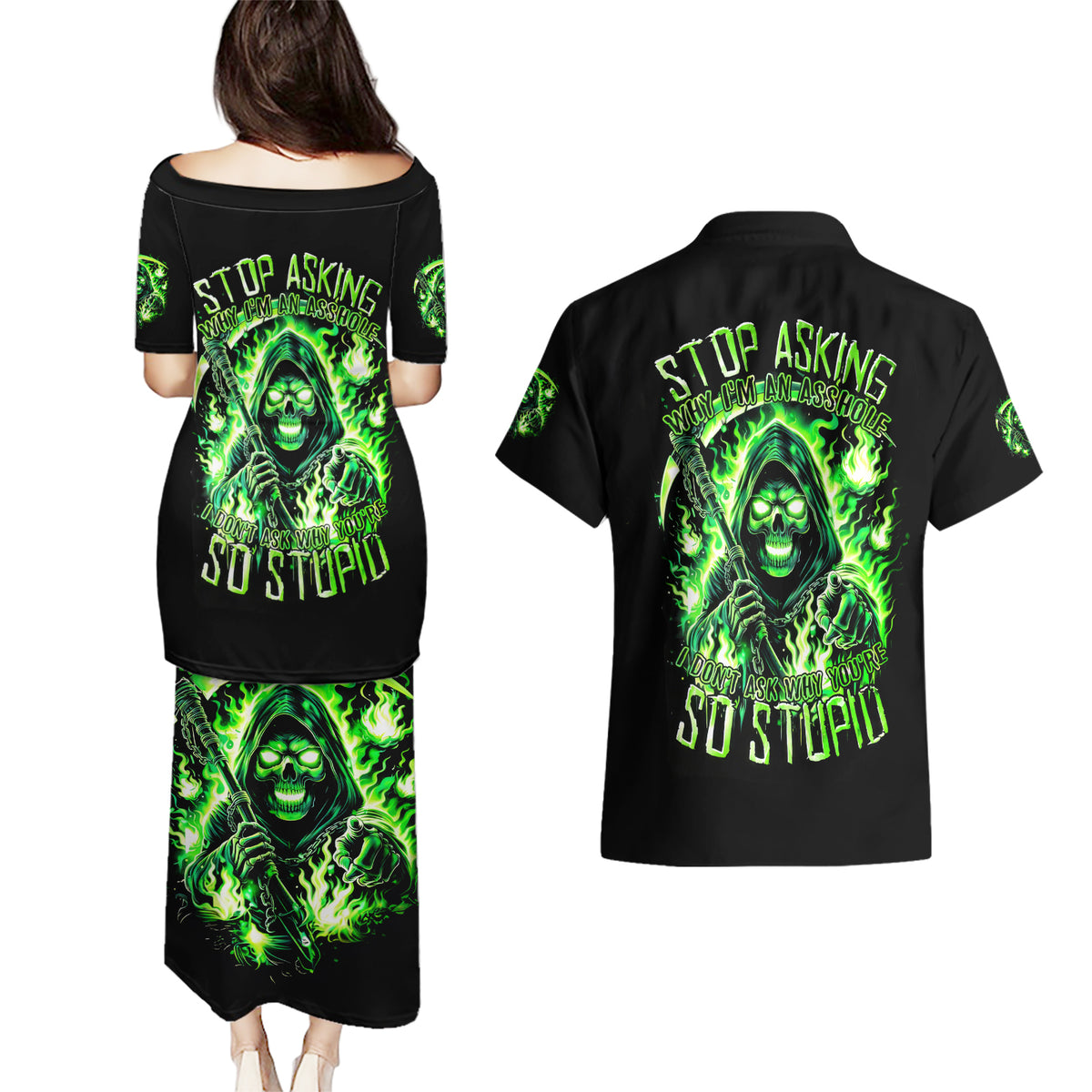 Flame Reaper Skull Couples Matching Puletasi and Hawaiian Shirt Stop Asking Why I'm An Asshole I Don't Ask Why You So Stupid - Wonder Print Shop