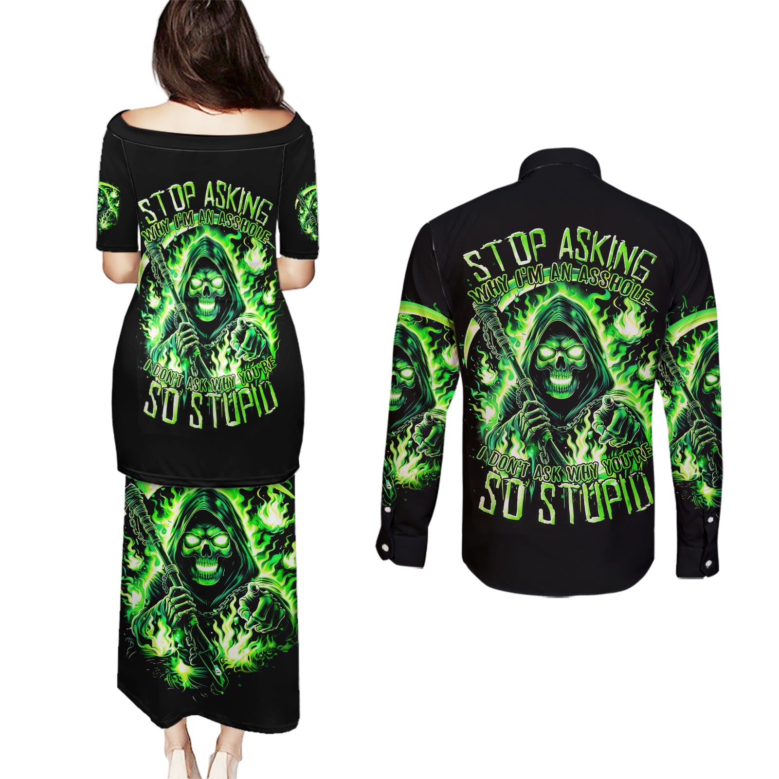 Flame Reaper Skull Couples Matching Puletasi and Long Sleeve Button Shirt Stop Asking Why I'm An Asshole I Don't Ask Why You So Stupid - Wonder Print Shop