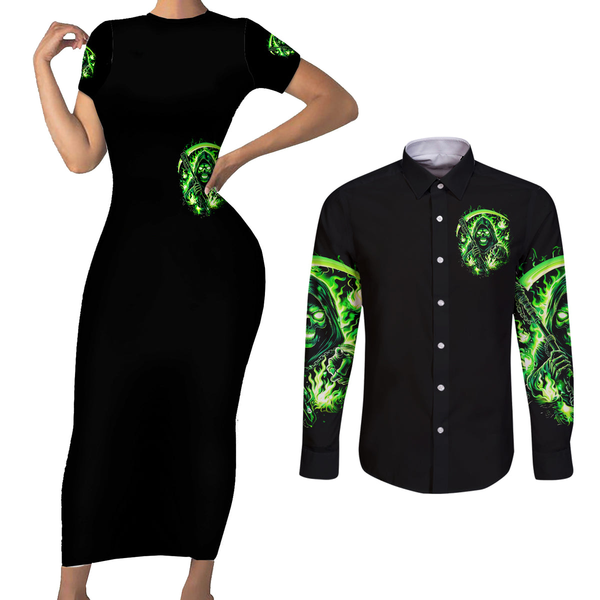Flame Reaper Skull Couples Matching Short Sleeve Bodycon Dress and Long Sleeve Button Shirt Stop Asking Why I'm An Asshole I Don't Ask Why You So Stupid - Wonder Print Shop