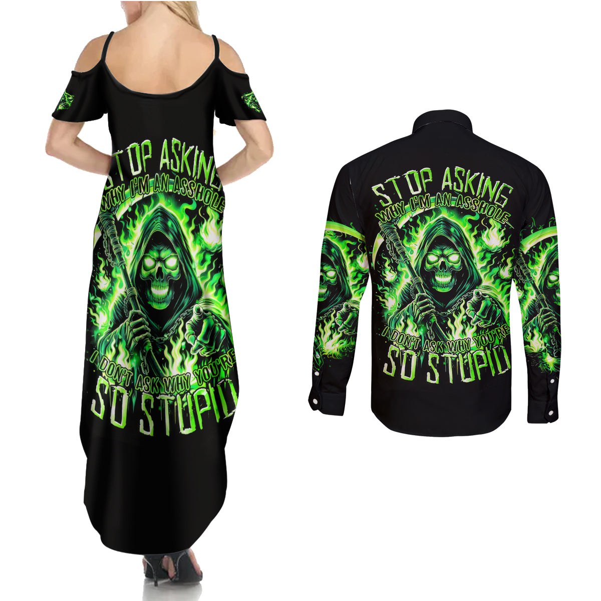 Flame Reaper Skull Couples Matching Summer Maxi Dress and Long Sleeve Button Shirt Stop Asking Why I'm An Asshole I Don't Ask Why You So Stupid - Wonder Print Shop
