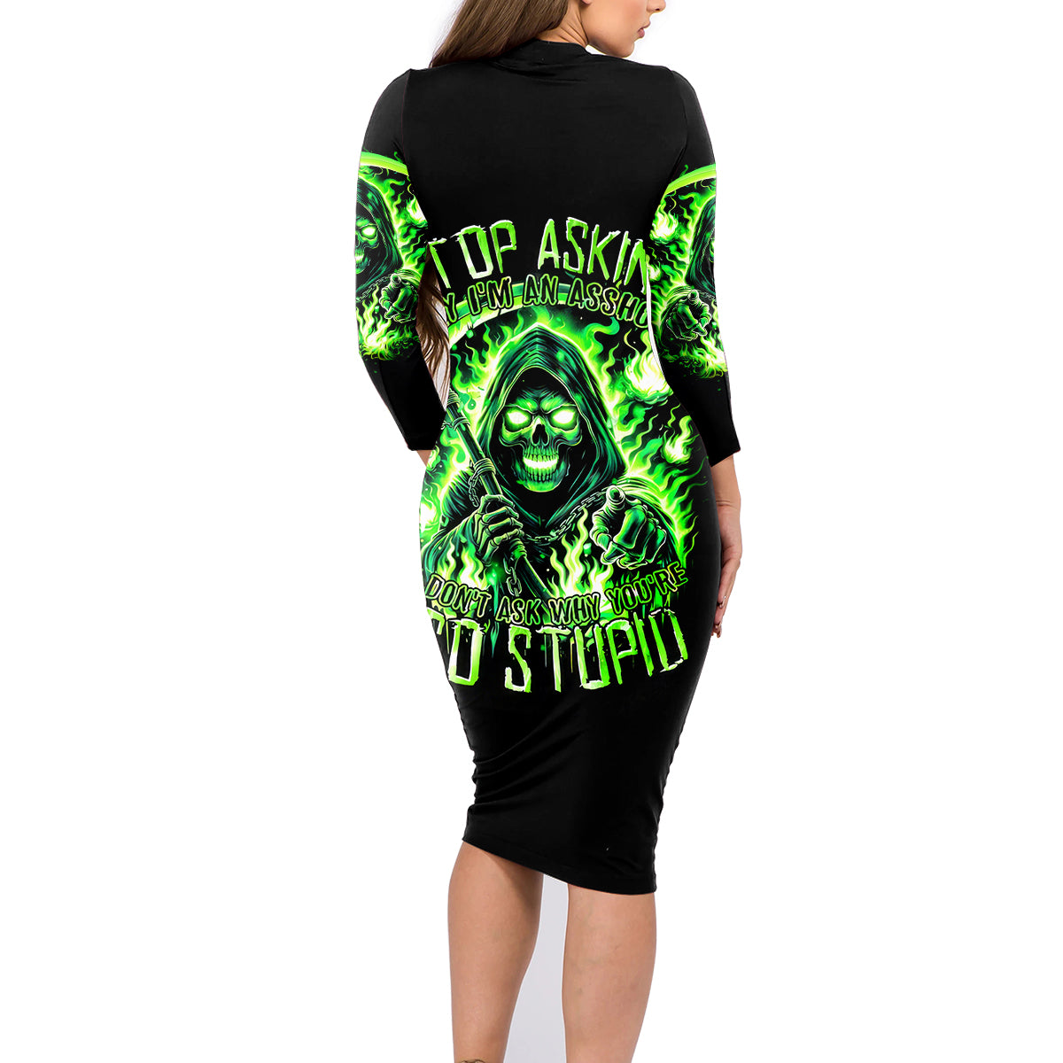 Flame Reaper Skull Family Matching Long Sleeve Bodycon Dress and Hawaiian Shirt Stop Asking Why I'm An Asshole I Don't Ask Why You So Stupid - Wonder Print Shop