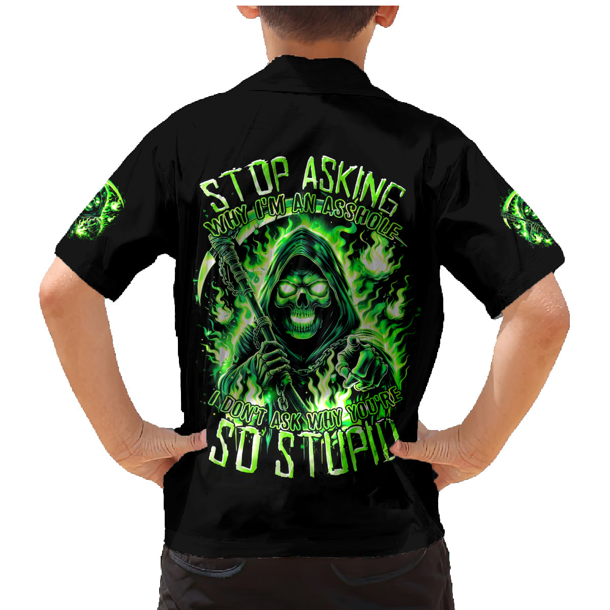 Flame Reaper Skull Family Matching Mermaid Dress and Hawaiian Shirt Stop Asking Why I'm An Asshole I Don't Ask Why You So Stupid - Wonder Print Shop