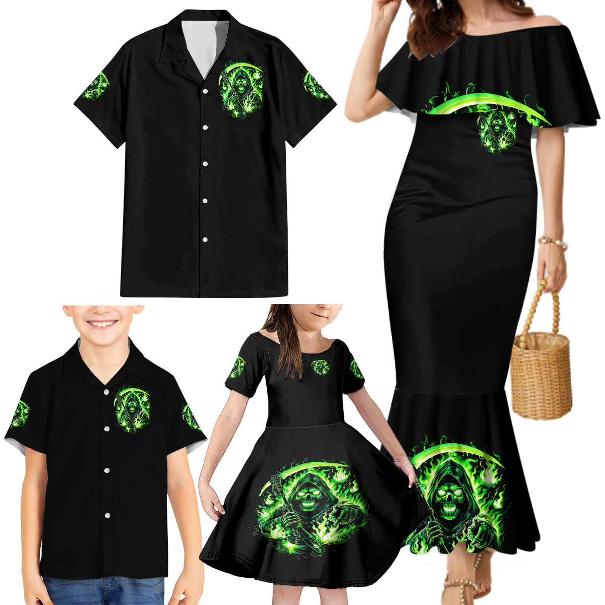 Flame Reaper Skull Family Matching Mermaid Dress and Hawaiian Shirt Stop Asking Why I'm An Asshole I Don't Ask Why You So Stupid - Wonder Print Shop