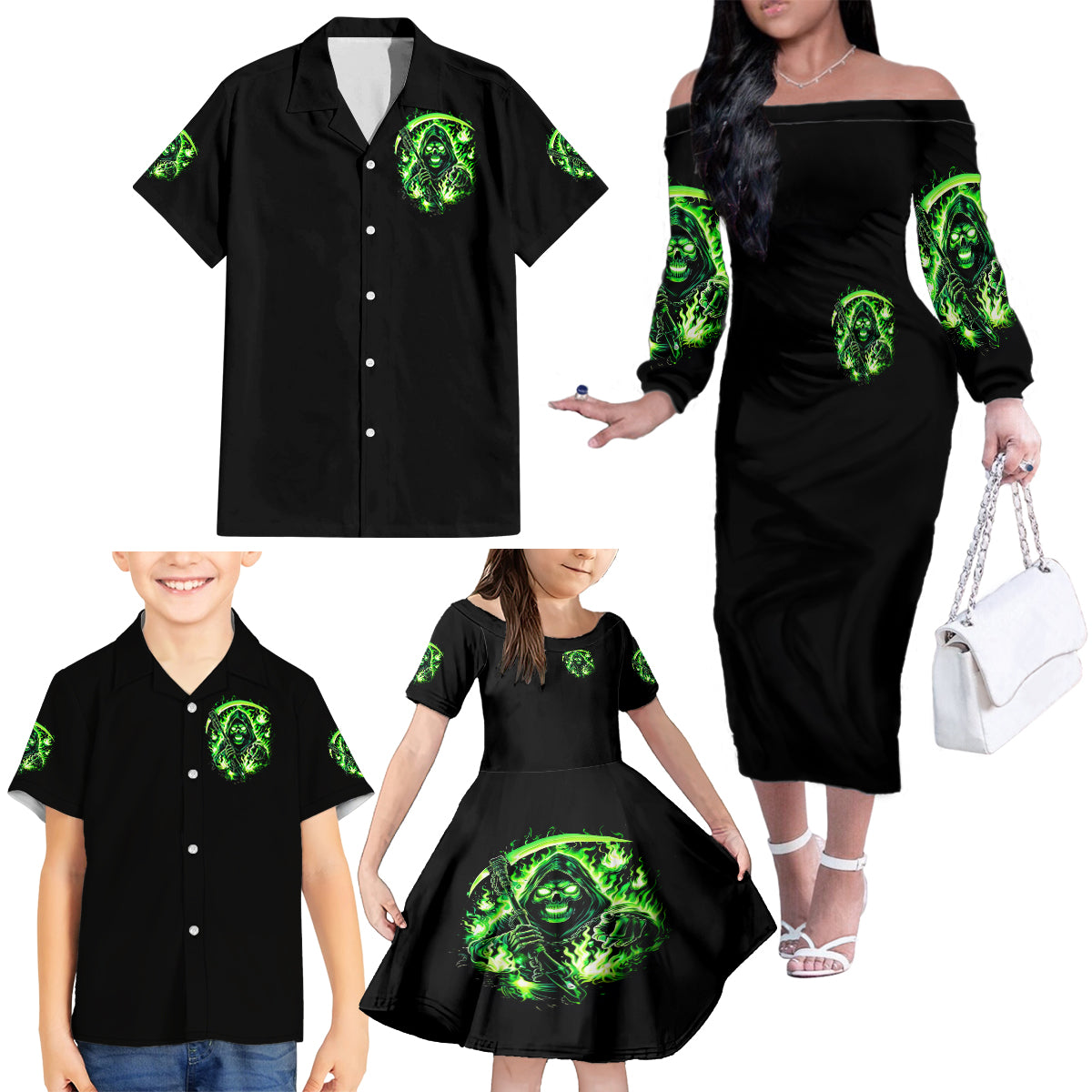 Flame Reaper Skull Family Matching Off Shoulder Long Sleeve Dress and Hawaiian Shirt Stop Asking Why I'm An Asshole I Don't Ask Why You So Stupid - Wonder Print Shop