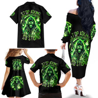 Flame Reaper Skull Family Matching Off Shoulder Long Sleeve Dress and Hawaiian Shirt Stop Asking Why I'm An Asshole I Don't Ask Why You So Stupid - Wonder Print Shop