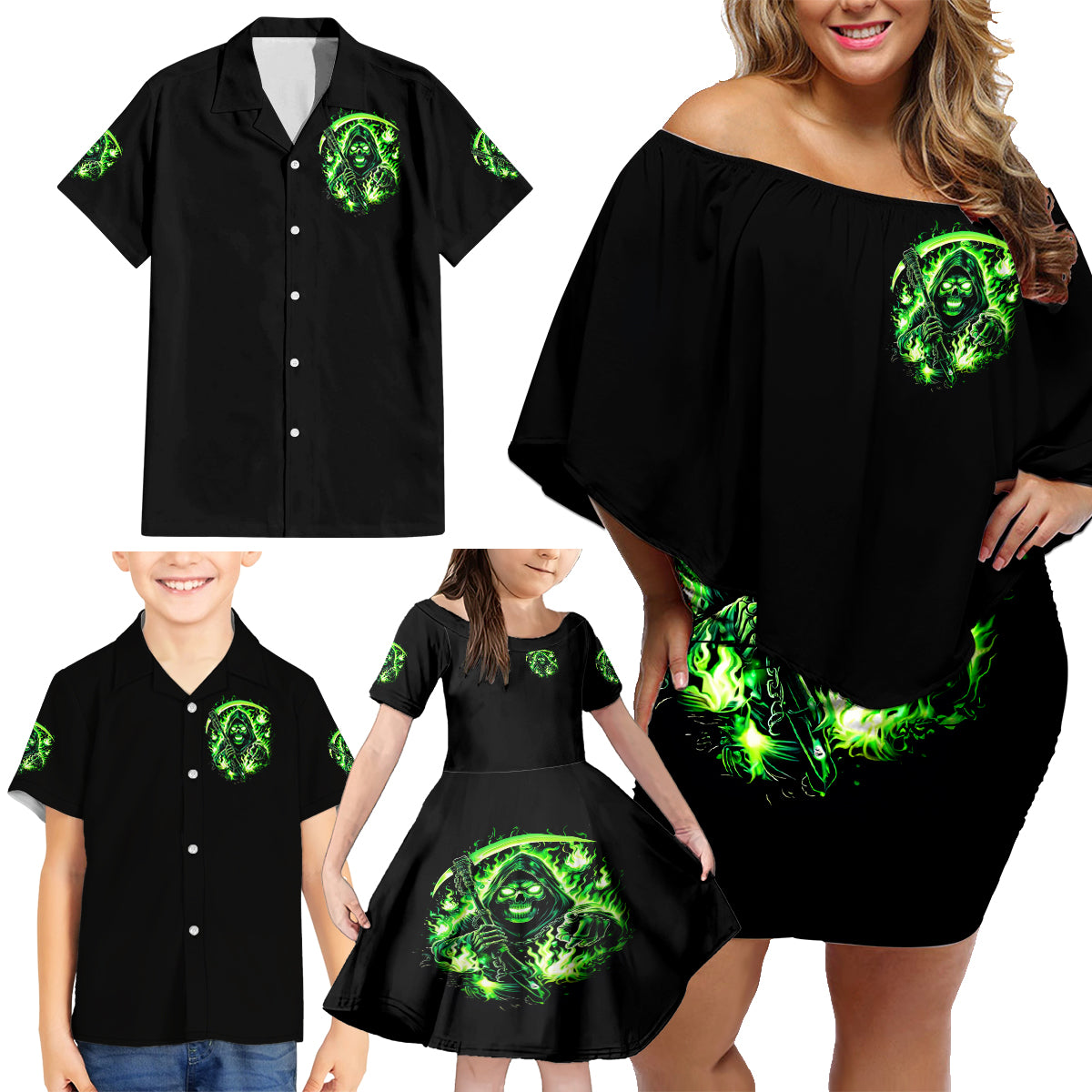 Flame Reaper Skull Family Matching Off Shoulder Short Dress and Hawaiian Shirt Stop Asking Why I'm An Asshole I Don't Ask Why You So Stupid - Wonder Print Shop