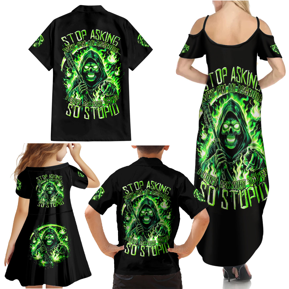 Flame Reaper Skull Family Matching Summer Maxi Dress and Hawaiian Shirt Stop Asking Why I'm An Asshole I Don't Ask Why You So Stupid - Wonder Print Shop