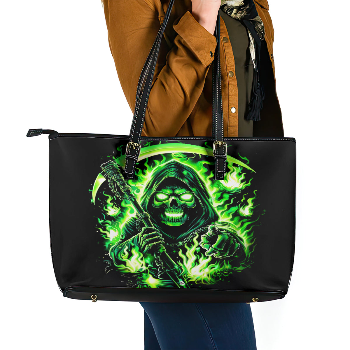 Flame Reaper Skull Leather Tote Bag Stop Asking Why I'm An Asshole I Don't Ask Why You So Stupid - Wonder Print Shop