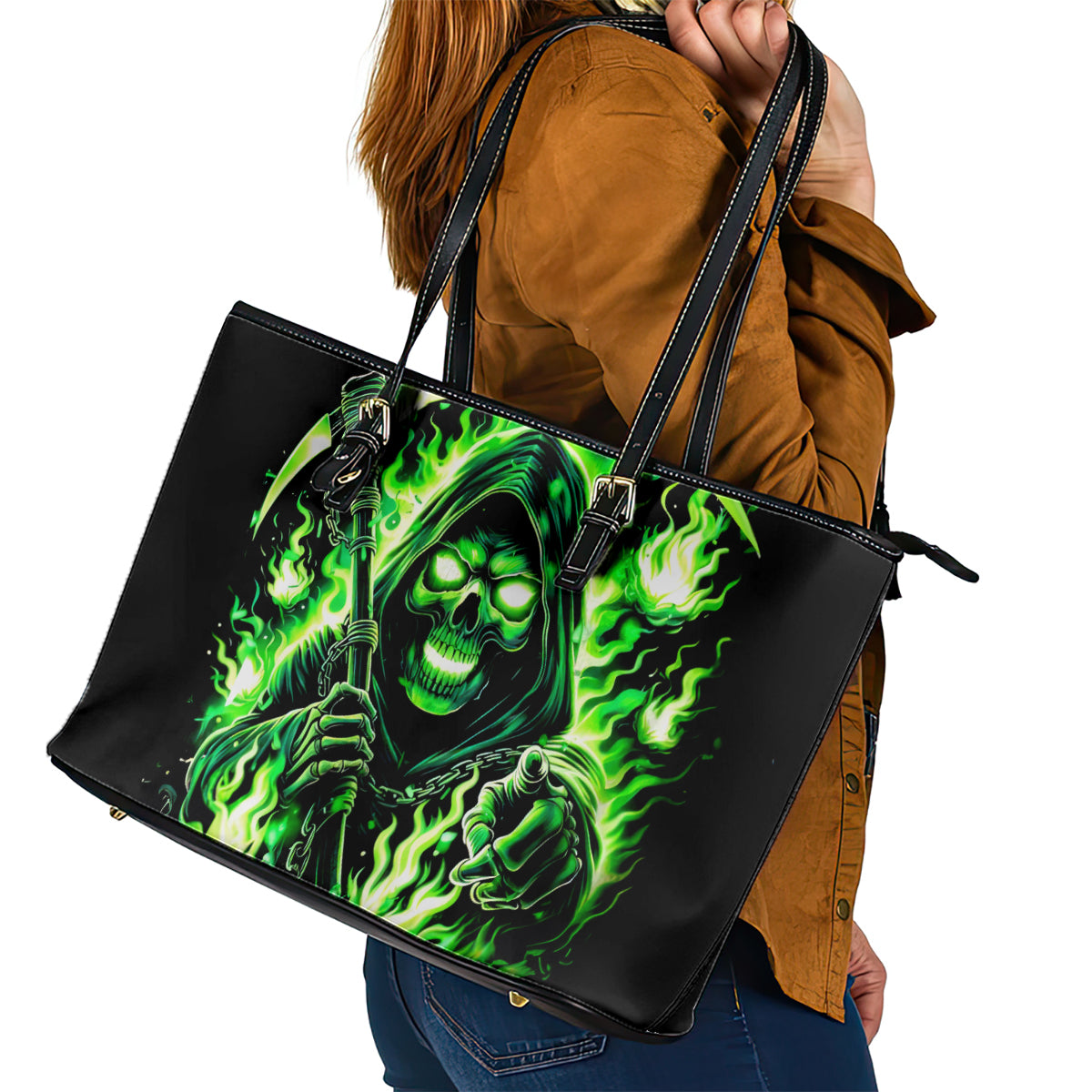 Flame Reaper Skull Leather Tote Bag Stop Asking Why I'm An Asshole I Don't Ask Why You So Stupid - Wonder Print Shop