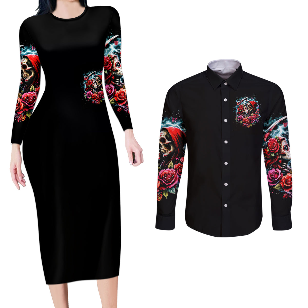Couple Skull Couples Matching Long Sleeve Bodycon Dress and Long Sleeve Button Shirt From Our Firse Kiss - Wonder Print Shop