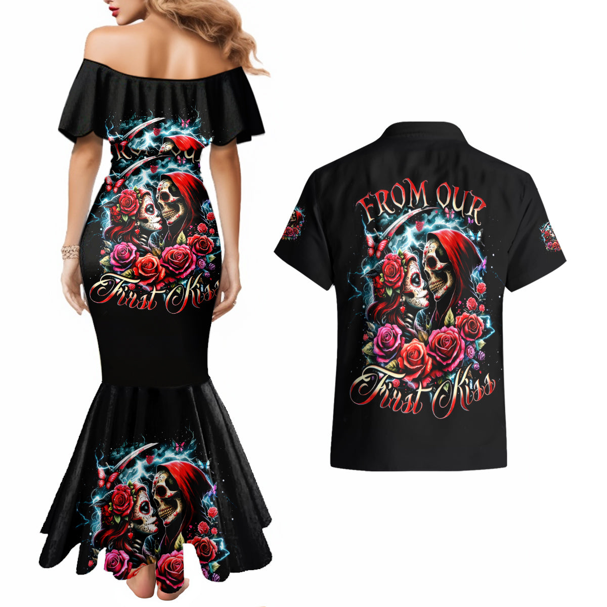 Couple Skull Couples Matching Mermaid Dress and Hawaiian Shirt From Our Firse Kiss - Wonder Print Shop