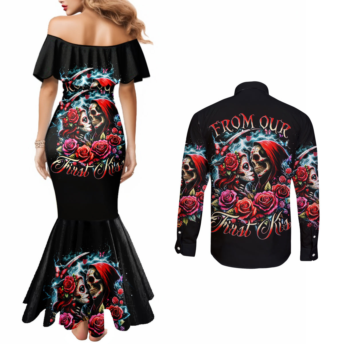 Couple Skull Couples Matching Mermaid Dress and Long Sleeve Button Shirt From Our Firse Kiss