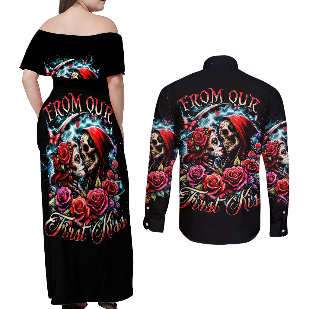 Couple Skull Couples Matching Off Shoulder Maxi Dress and Long Sleeve Button Shirt From Our Firse Kiss - Wonder Print Shop