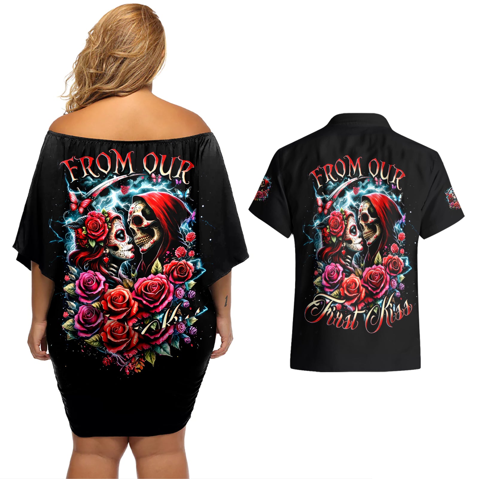 Couple Skull Couples Matching Off Shoulder Short Dress and Hawaiian Shirt From Our Firse Kiss - Wonder Print Shop